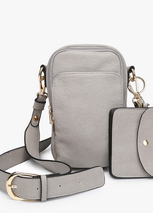 Gray crossbody bag with matching pouch on a white background