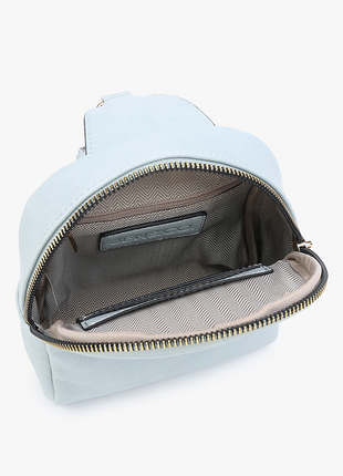 Light blue backpack with open zipper on a white background