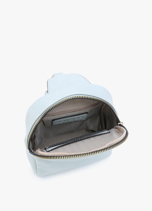 Light blue backpack with open zipper on a white background