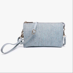 Light blue textured clutch bag on a white background