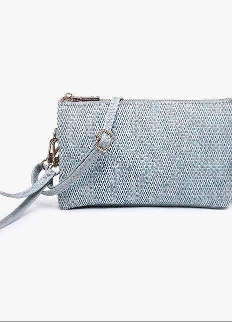 Light blue textured clutch bag on a white background