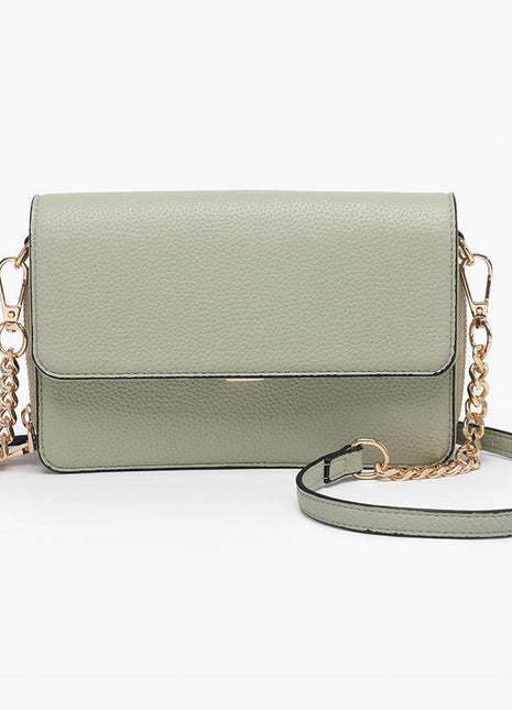 Green handbag with a chain strap on a white background