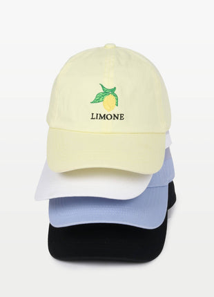 Stack of four baseball caps in different colors with 'Limone' branding.