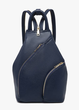 Navy blue backpack with gold zippers on a white background