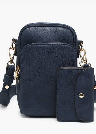 Navy blue crossbody bag with gold accents on a white background