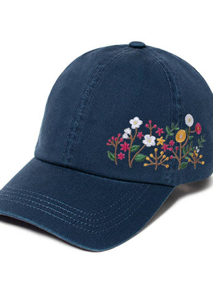 A navy blue baseball cap with colorful floral embroidery on the front panel, shown against a plain white background.