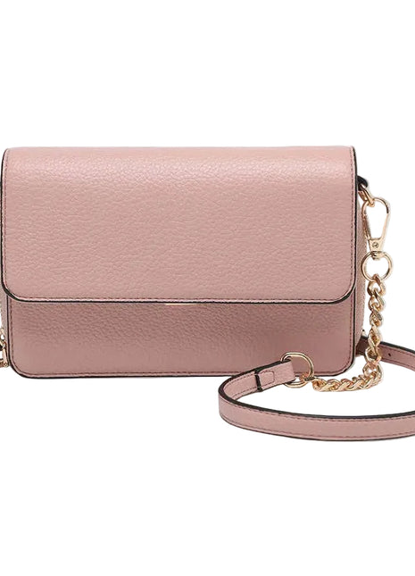Pink handbag with a gold chain strap on a white background