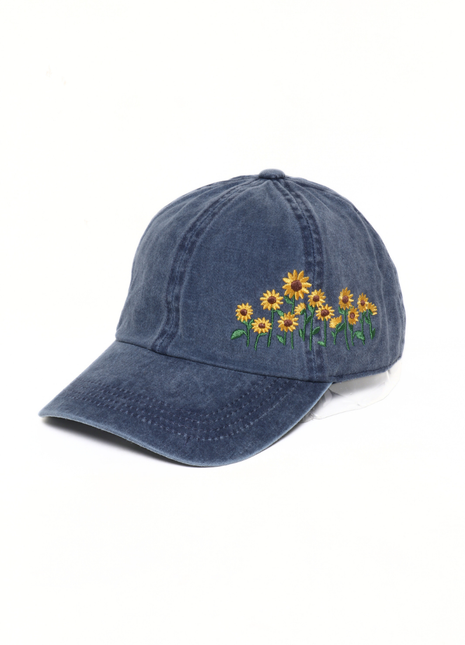 Denim cap with white text on a white background