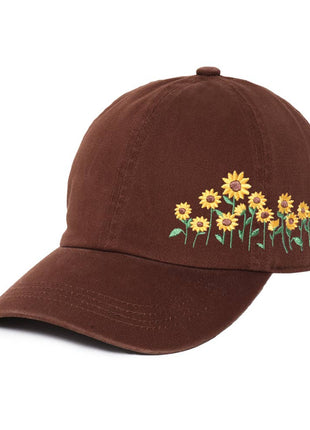 A brown cotton baseball cap featuring embroidered yellow sunflowers with green stems on the front right panel, shown against a plain white background.