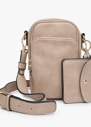 Beige crossbody bag with matching pouch on a white background