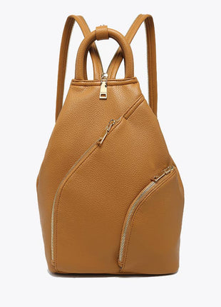 Tan backpack with gold zippers on a white background