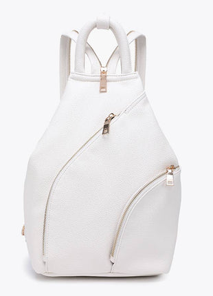 White backpack with gold zippers on a white background