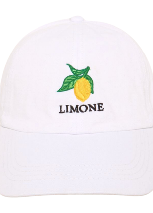 White cap with lemon and leaf design and 'LIMONE' text on a white background