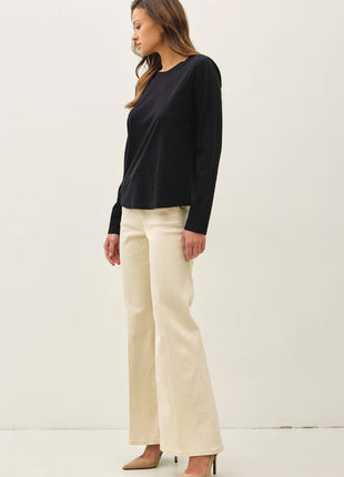 GARMENT WASHED COTTON LONG SLEEVE BASIC TOP: Black / L