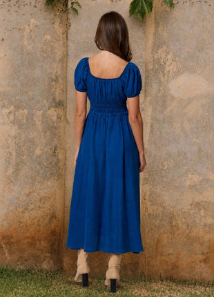 FRONT TIE SMOCKED WAIST DENIM MIDI DRESS: DENIM