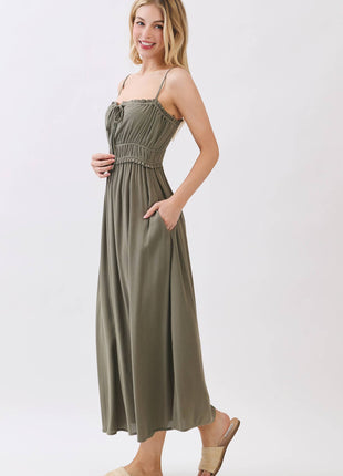 Smocked Midi Dress with Adjustable Straps & Pockets: Forest Green S / M / L