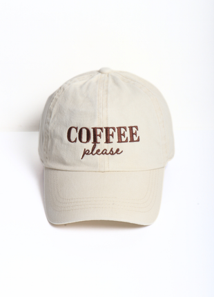 Beige cap with 'Coffee Please' text on a white background