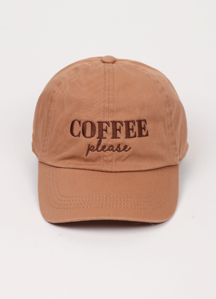 Brown cap with 'COFFEE please' text on a white background