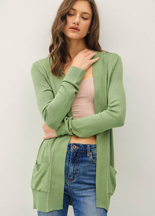 COTTON BLEND KNIT OPEN FRONT CARDIGAN : Black / M