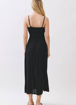 Smocked Midi Dress with Adjustable Straps & Pockets: Forest Green S / M / L