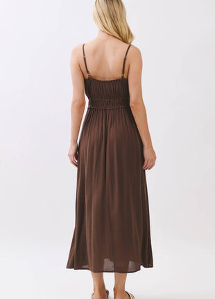 Smocked Midi Dress with Adjustable Straps & Pockets: Forest Green S / M / L