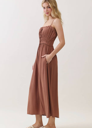 Smocked Midi Dress with Adjustable Straps & Pockets: Forest Green S / M / L