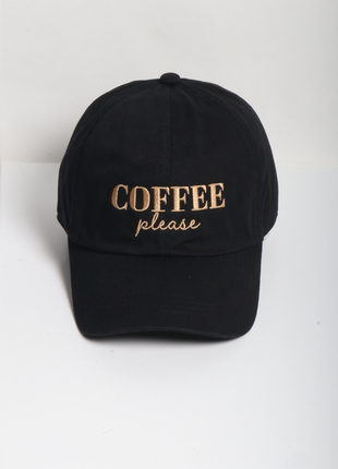 Black cap with 'COFFEE please' text on a white background