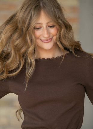 Lola Ribbed Top with Lace Trim: M