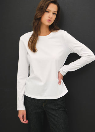 GARMENT WASHED COTTON LONG SLEEVE BASIC TOP: Black / S