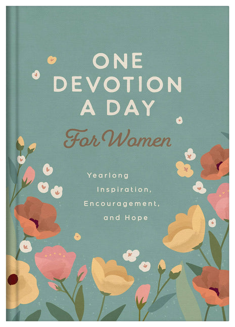Book titled 'One Devotion A Day For Women' with floral design on a teal background