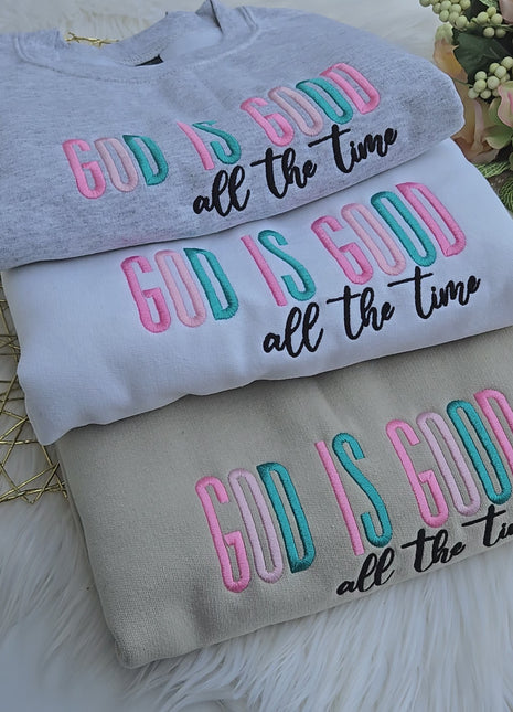 God is Good Embroidered Sweatshirt,  Women Faith Sweatshirt, Sand Color