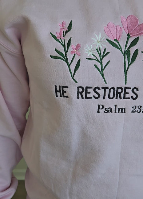 Embroidered Sweatshirt He Restores my Soul,  Light Pink: Small