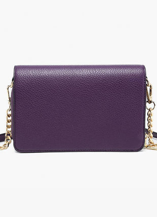 Purple handbag with a gold chain on a white background
