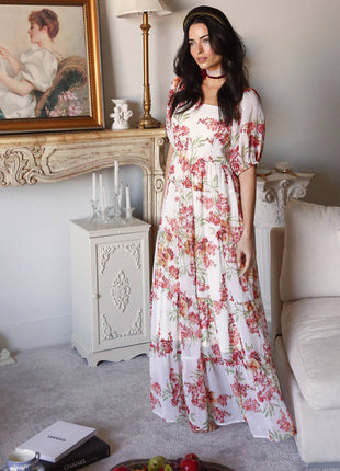 Floral Tiered Maxi Dress: Cream / S / M / L