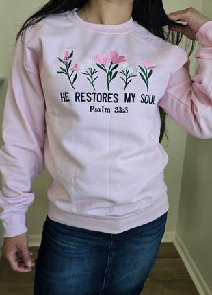 Embroidered Sweatshirt He Restores my Soul,  Light Pink: Small