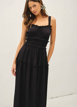 BLACK WOMEN CRISPY COTTON RUFFLEED BABYDOLL DRESS : Black