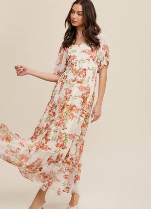 Floral Tiered Maxi Dress: Cream / S / M / L