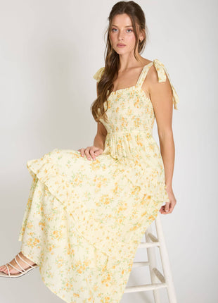 FLORAL SWEETHEART SMOCKED RUFFLE DETAIL MIDI DRESS: YELLOW MULTI.