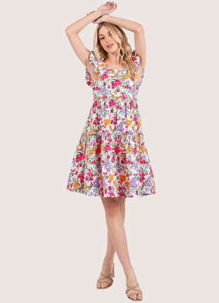 Cotton Women's Dress Multicolor Flower Print, Ruffle Shoulder A-Line Mini Dress