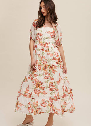 Floral Tiered Maxi Dress: Cream / S / M / L