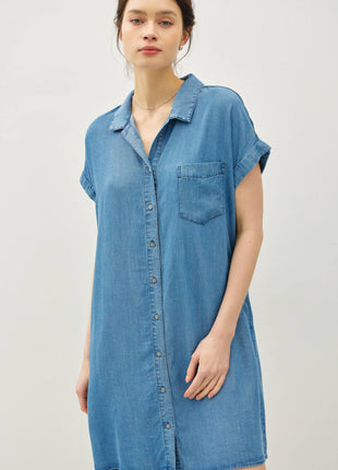 DENIM WASH BUTTON DOWN TENCEL DRESS : MED WASH S/M/L.