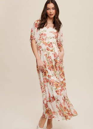 Floral Tiered Maxi Dress: Cream / S / M / L