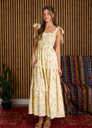FLORAL SWEETHEART SMOCKED RUFFLE DETAIL MIDI DRESS: YELLOW MULTI.