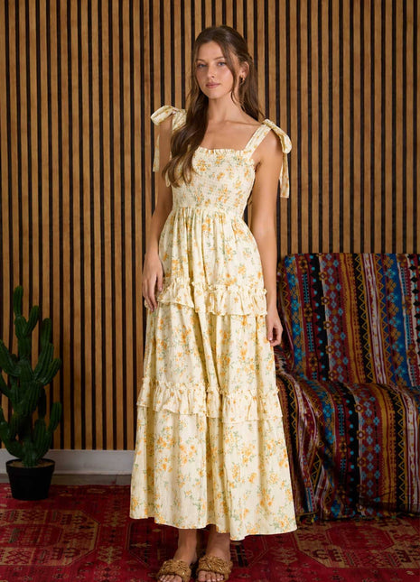 FLORAL SWEETHEART SMOCKED RUFFLE DETAIL MIDI DRESS: YELLOW MULTI.