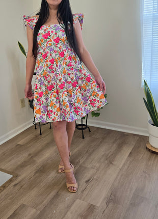 Cotton Women's Dress Multicolor Flower Print, Ruffle Shoulder A-Line Mini Dress