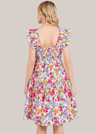 Cotton Women's Dress Multicolor Flower Print, Ruffle Shoulder A-Line Mini Dress