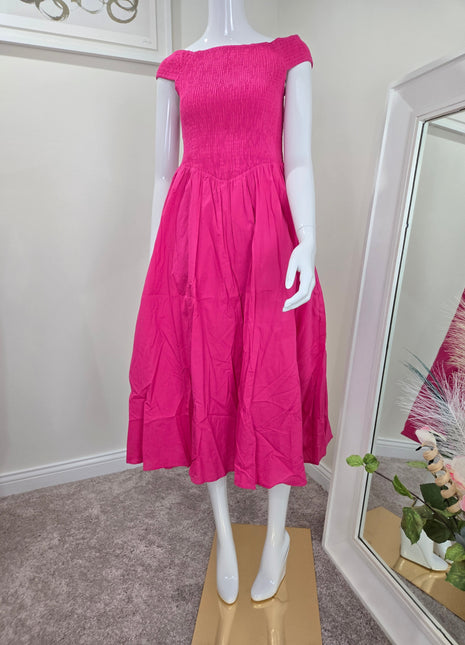Fuchsia Smocked Dress, Fuchsia Women Midi Dress, Offshoulder