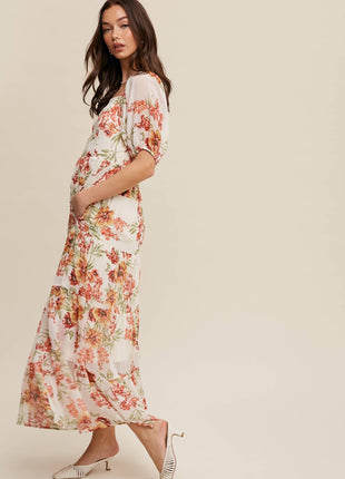 Floral Tiered Maxi Dress: Cream / S / M / L