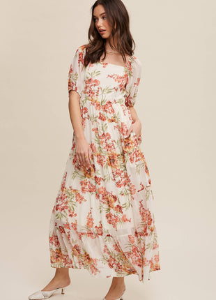 Floral Tiered Maxi Dress: Cream / S / M / L