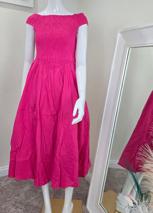 Fuchsia Smocked Dress, Fuchsia Women Midi Dress, Offshoulder